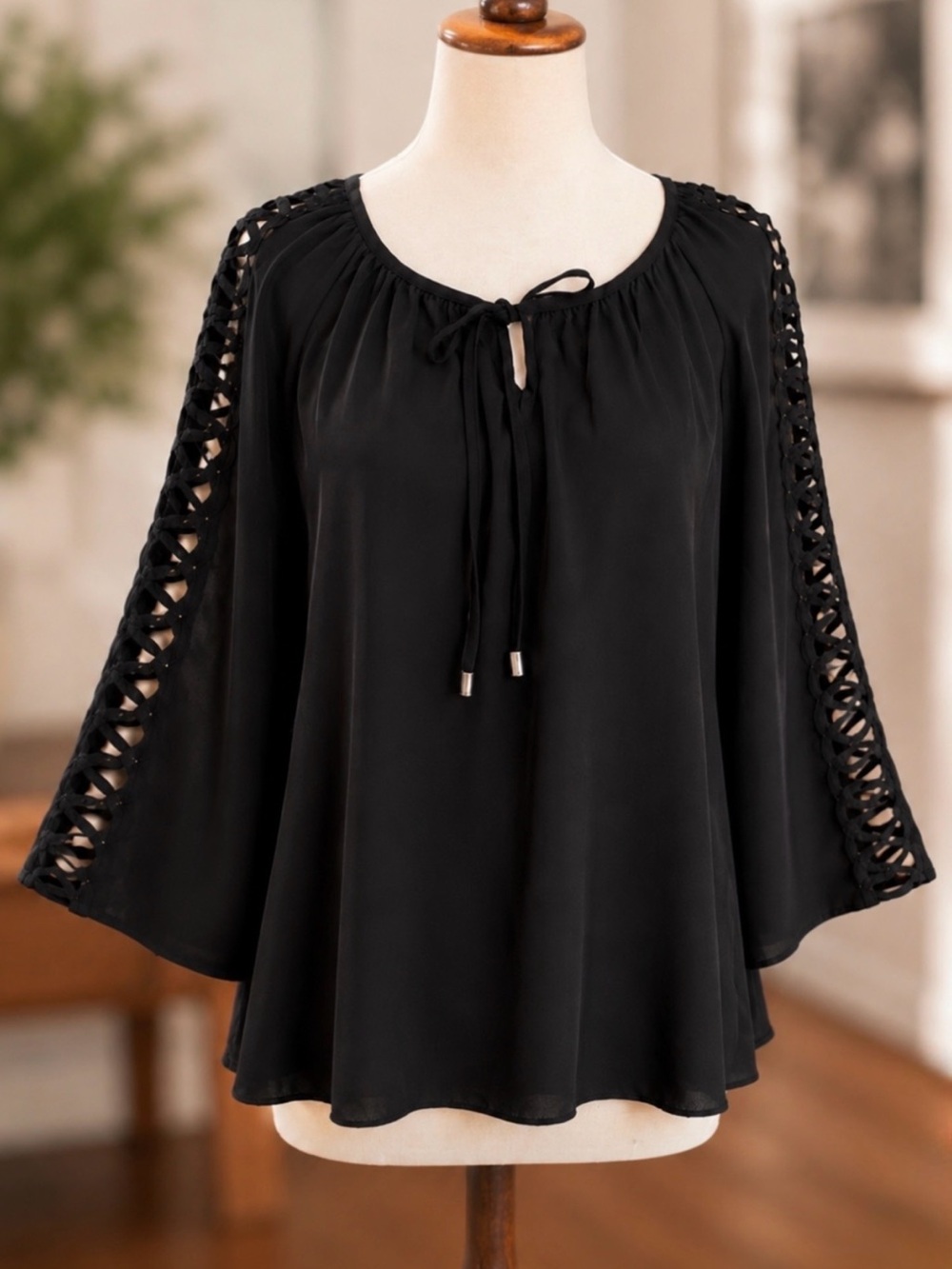 Zac & Rachel Black Lattice Cutout Bell Sleeve Top | Tie Neck Boho | Size M